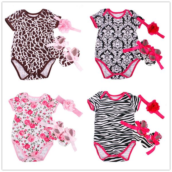 Verão Bebê Bebê Bodysuits Primeiro Walker Hairband 3 Pcs Roupa Terno Recém-nascido Jumpsuits Zebra Crianças Outfits T-shirt Algodão 210413