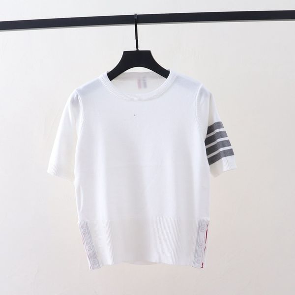 

t shirt 2021 summer tb gray stripe four bar short sleeve women's ice round neck loose pullover knit top, White