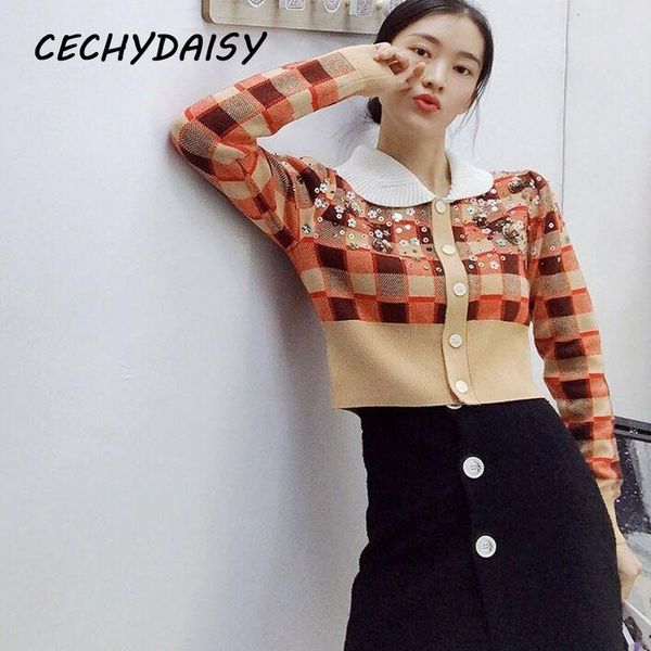 

vintage plaid sweaters women autumn high street luxury bling sequined floral single breasted crop knitted cardigans outwear, White