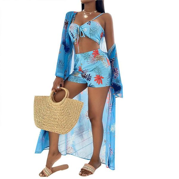 

3pcs women split swimwear set summer creative floral leaves printing lace up swimsuit with long sleeve overskirt beachwear one-piece suits