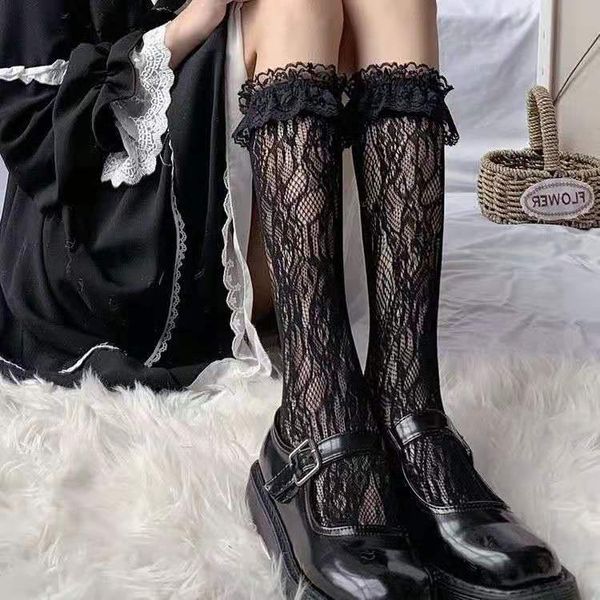 

lace calf female lace love lolita summer jk middle tube mary jane fairy stockings pile socks, Black;white