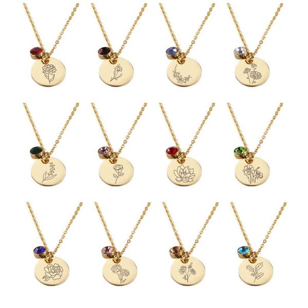 

birthday flower and stone pendant jwelry making 12pcs simple fashion necklace stainless steel chains, Silver
