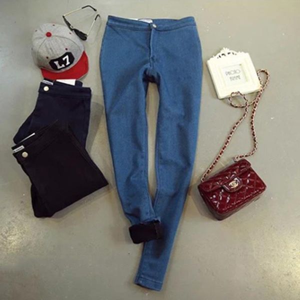 

winter vintage ladies high waist jeans black plus velvet warm pencil pant fashion skinny size stretch female denim trousers women's, Blue