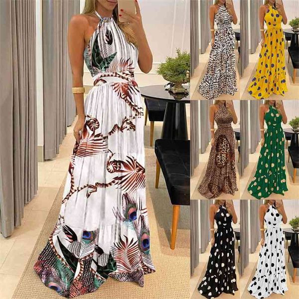 

backless off shoulder floor length dress summer halter sling bohemian digital printed long for women robes femme 210517, Black;gray