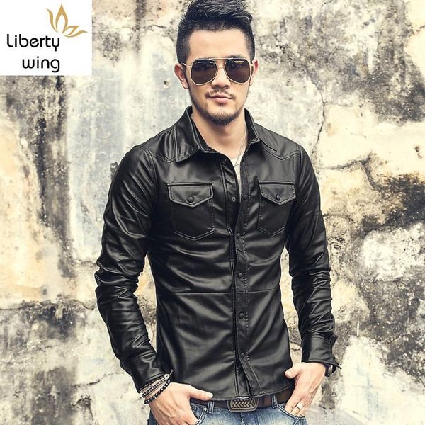 

men's leather & faux spring single breasted slim fit mens cow genuine jackets turn down collar motorcycle for male coat blouson moto, Black