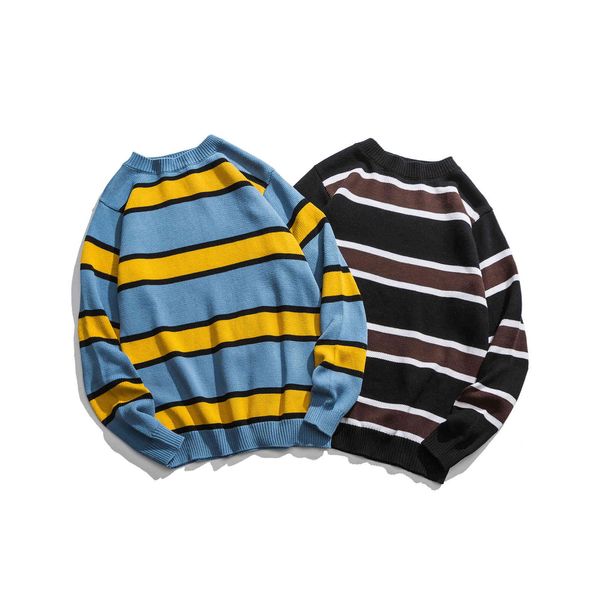 

boutique sweater striped t-shirt men's loose fitting pullover round neck pure cotton bottom coat in autumn and winter of 2021, White;black