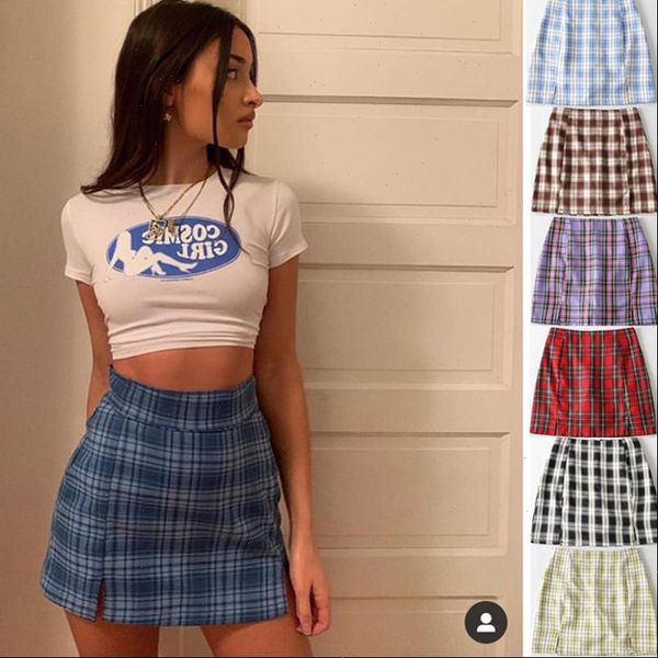 

retro plaid high waist slim women skirt bag hip side slit half length anti glare culottes summer, Black