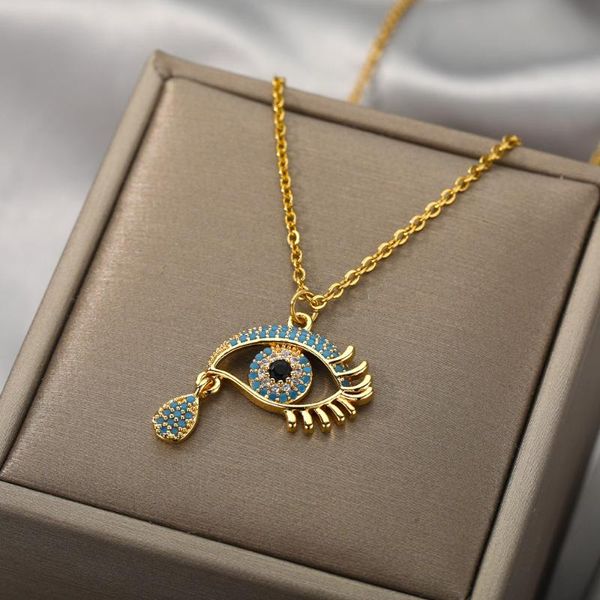 

pendant necklaces cubic zirconia evil eye for women stainless steel gold color turkish crystal necklace christmas jewelry gift 2021, Silver