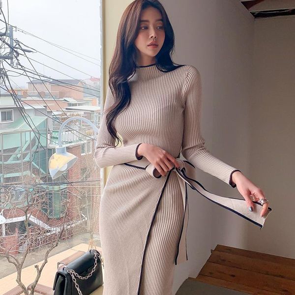 

casual dresses fdfklak autumn winter long lantern sleeve women dress high waist soild color elegant party fashion roupas femininas, Black;gray