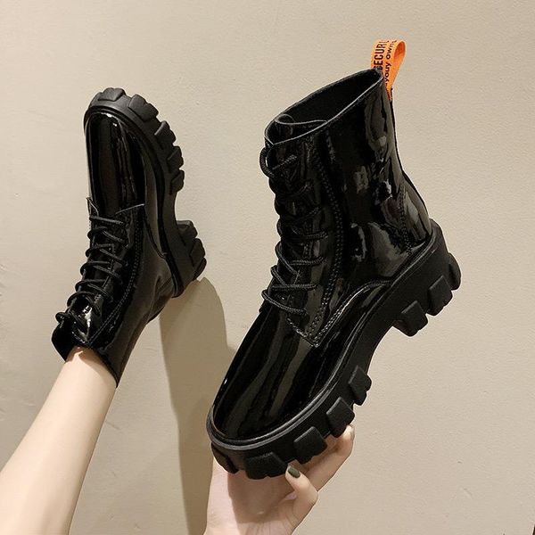 

boots women platform ankle ladies pu leather sewing lace up fashion shoes female casual no slip footwear woman comfort 2021, Black