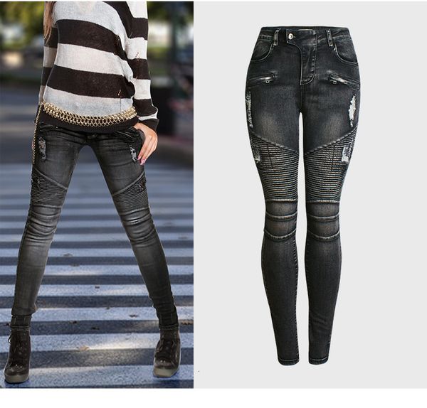

jeans European and American female locomotive perforated fine-fitting women's thin stretch denim pencil pants, Blue