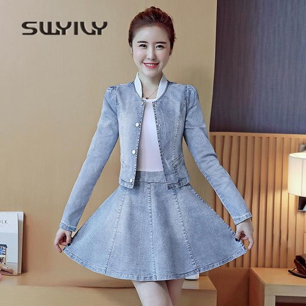 

women's suits & blazers swyivy denim woman dress suit 2021 spring summer cowboy long sleeve xl slim dresses jacket coat two piece sets, White;black