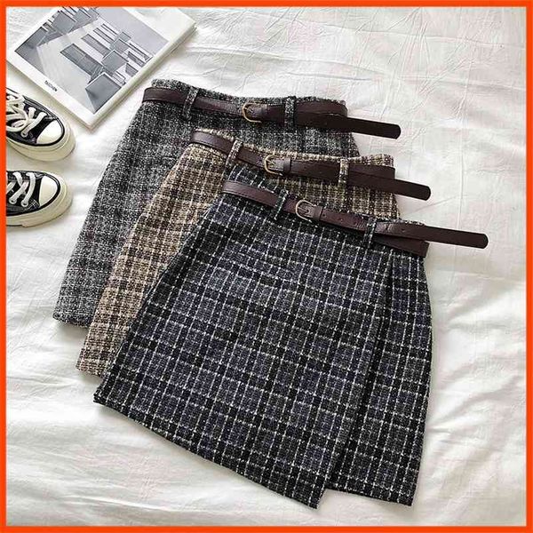 

summer a-line mini skirt vintage casual women plaid skirt chic sashes korean irregular lady skirt female sweet high waist 210412, Black
