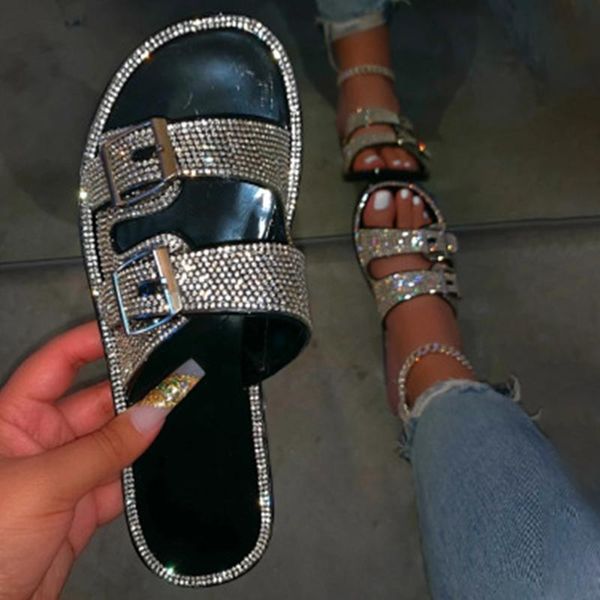 

women glitter slippers double buckle soft bling shoes beach slipper outdoor summer causal comfortable 2021 slides, Black