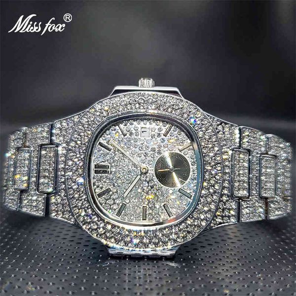 

missfox ice out square watch men luxurious bling diamond double dial original design watches work by battery wholesale, Slivery;brown