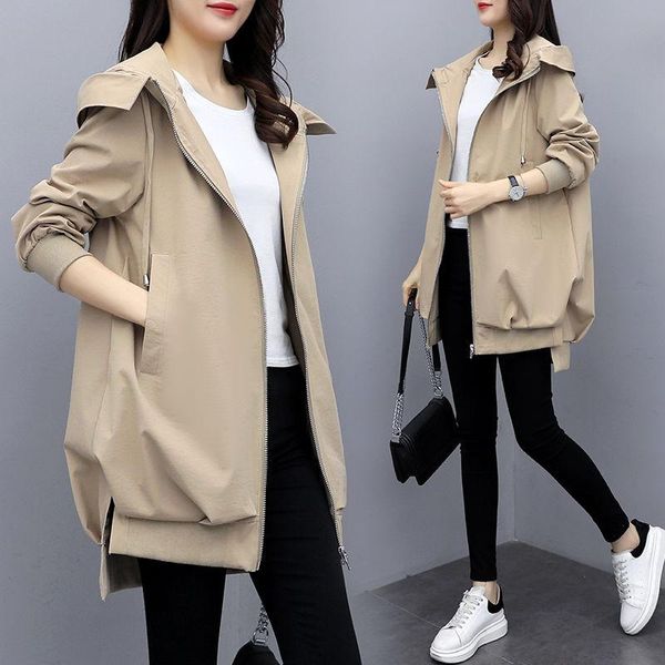

women's trench coats spring hooded loose womens long windbreakers woman casual solid female black/khaki overcoat women outwear, Tan;black