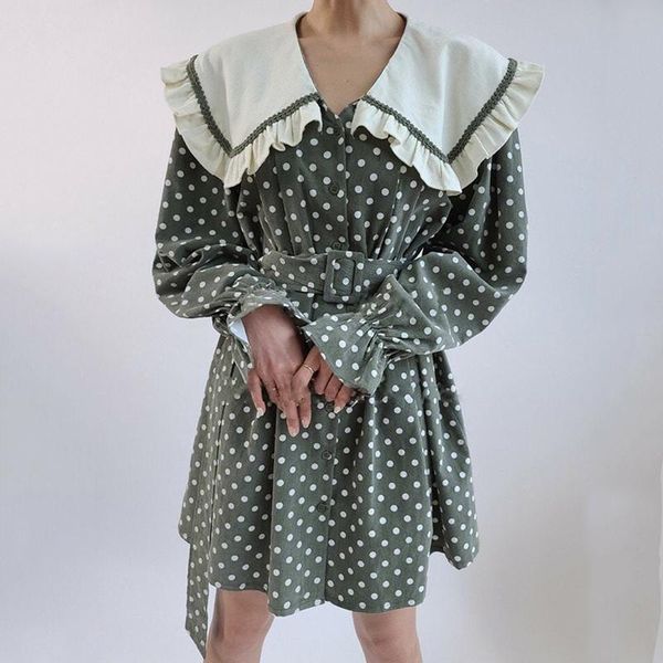 

casual dresses kuclut 2021 fashion winter women vintage loose stitching doll collar with wood ears high waist slim was thin dress, Black;gray