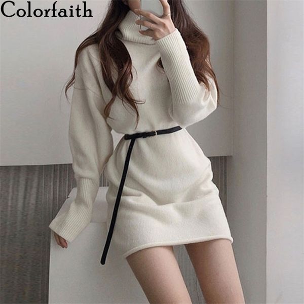 

autumn winter women sweater knitted oversize turtleneck package hip vintage with belt pullovers sw7735 210427, White;black