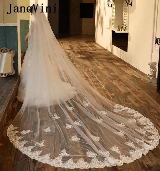 

bridal veils janevini white tulle two layers 3m luxury long wedding veil with comb lace appliques edge brides hair accessories, Black