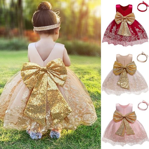 

newborn baby 1st birthday baptism princess dresses for little girls flower lace wedding party gowns big bow kids dress for girls, Red;yellow