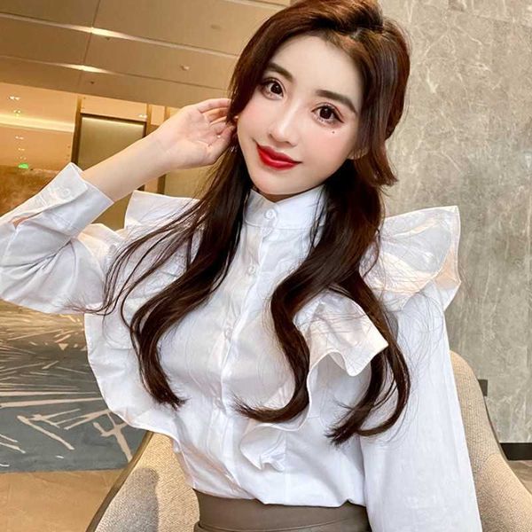 

korean fashion stand collar long sleeve ruffles shirts women white casual loose blouse blusas 210526