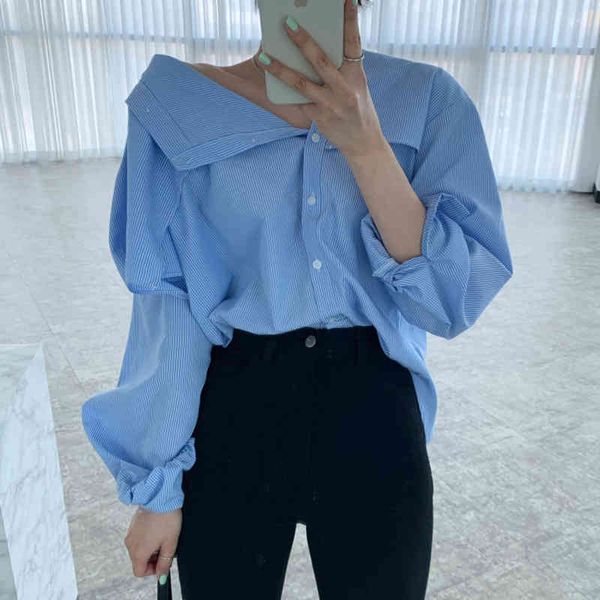 

spring women fashion office lady blouse single breasted turn-down collar long-sleeved striped loose shirt 8p054 210510, White