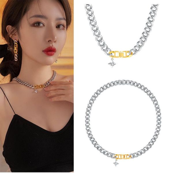 

chokers short necklace gold and silver color matching chain cuba exaggerated choker clavicle for men women, Golden;silver