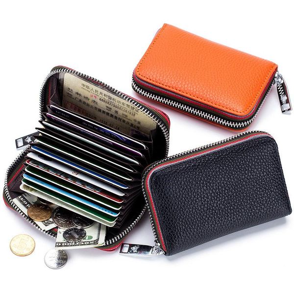 

card holders genuine leather men women holder small zipper wallet solid coin purse accordion design id business bags, Brown;gray