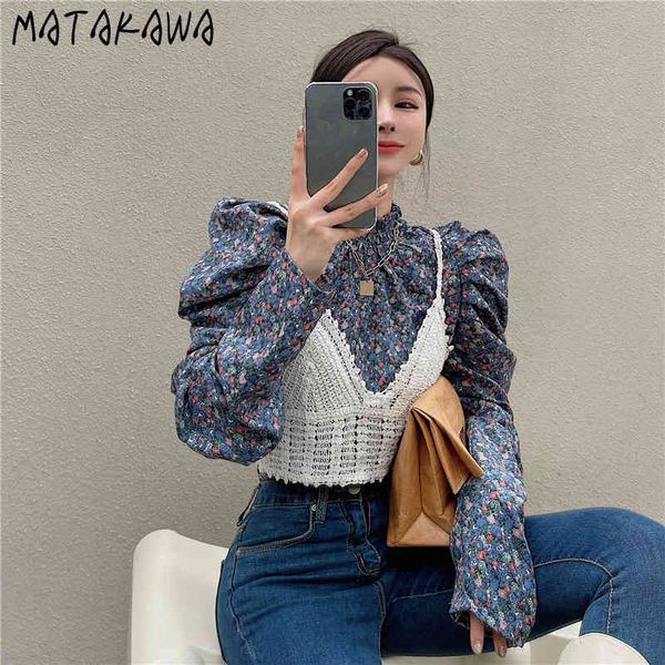 

matakawa print floral stand collar blusas mujer de moda spring retro blouse women loose fold puff sleeve shirt 210513, White