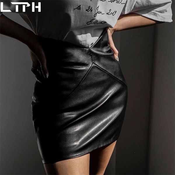 

ltph design high waist pu leather skirt women solid stretch casual all-match ol style package hip skirts autumn/winter 210423, Black