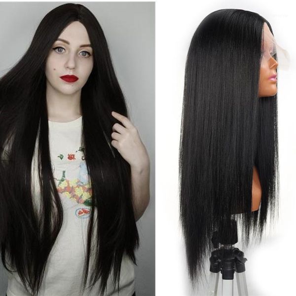 

long straight lace wigs synthetic t-part for women natural black color with hair heat resistant fiber1