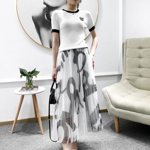 

two piece dress summer designer diomands knit and midi print mesh skirt 2 piece elegant office clothes lady casual suit outfit 61oc, White