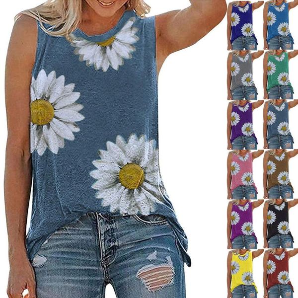 

women's t-shirt vest little daisy print round collar sleeveless shirt, White