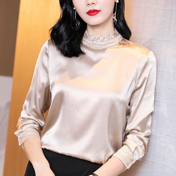 

women's blouses & shirts spring autumn women solid shirt elegant stand collar long sleeve loose office lady real silk satin blouse, White