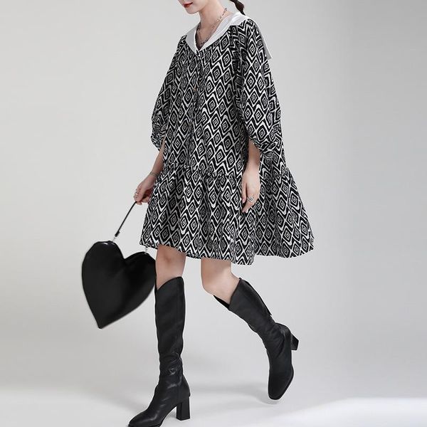 

casual dresses single breasted irregular printed loose slimmer dress with baby collar and bubble sleeves a-line for fall 2021, Black;gray