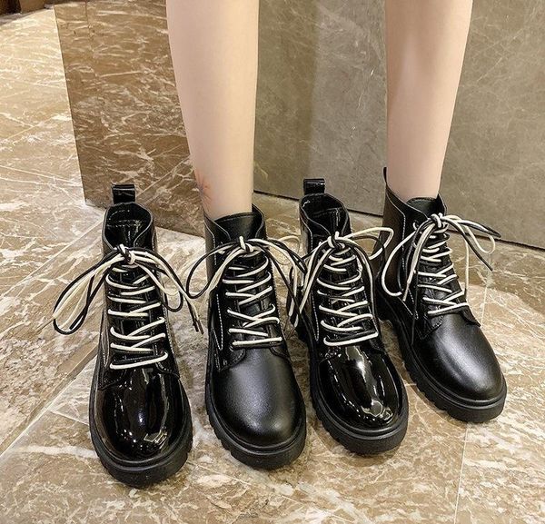 

boots lace up leather women's shoes round toe luxury designer boots-women fashion rubber 2021 autumn lolita ankle ladies rock, Black