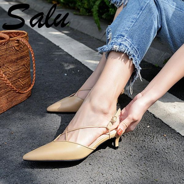 

salu high thin heels sandals woman black genuine leather casual women pointed toe