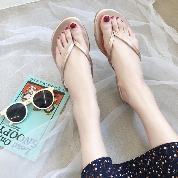 

slippers [gogd]2021 summer solid color simple flip flops wild fashion flat bottom wear non-slip clip toe beach sandals and, Black