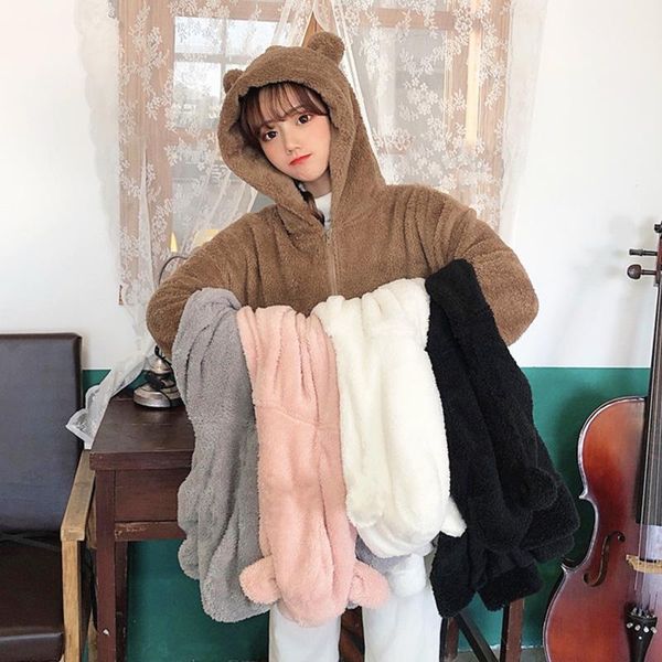 

women's trench coats kawaii ears faux fur teddy coat women winter warm lolita cute plush hooded jacket female korean white black pink f, Tan;black