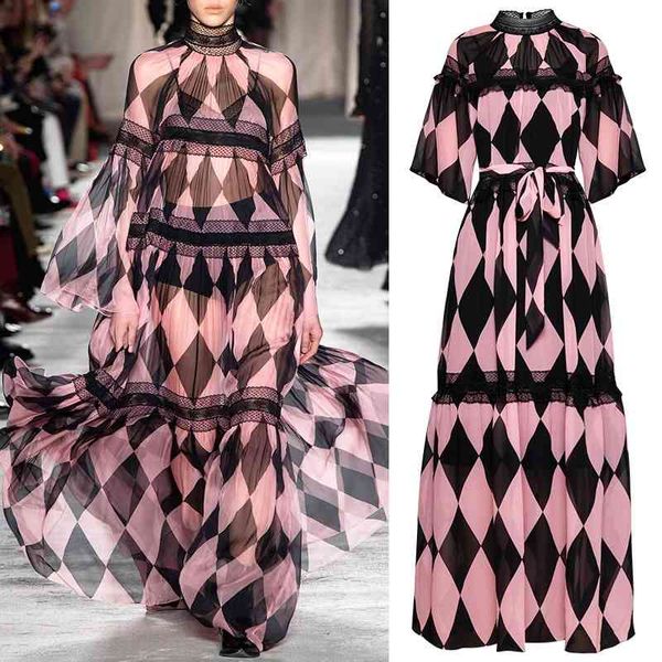 

spring pink geometric printed lace patchwork slim-fit lace-up small stand-up collar suspender dress women 210615, Black;gray