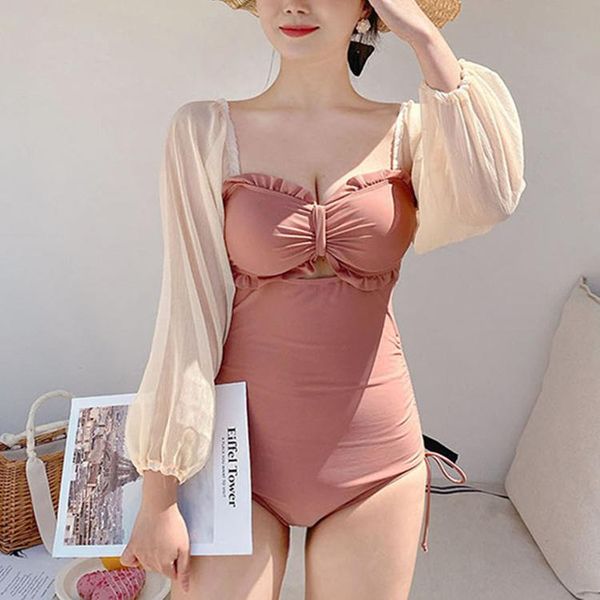 

one-piece suits korea chiffon long sleeve one piece swimsuit women solid pink swimwear ruffle monokini bandeau bathing suit push up swim