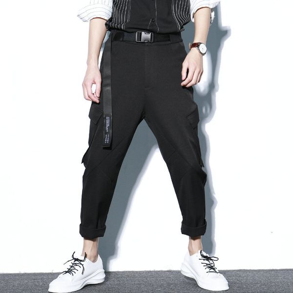 

pant darkly style streetwear harem men thin casual joggers mens hip hop black solid pencil pants ankle-length with belt