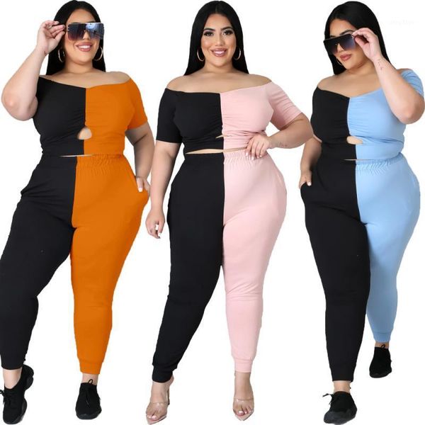 

plus size tracksuits women's clothes 4xl color matching short sleeved off-the shoulder hollow out pants suit wholesale drop, Black