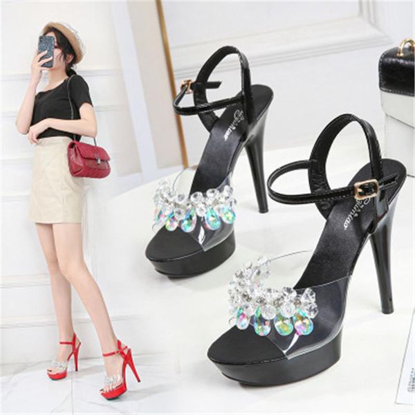 

summer fashion women ankle buckle 13cm platform peep toe sandals model catwalk stilettos transparent high heel shoes 34-43, Black