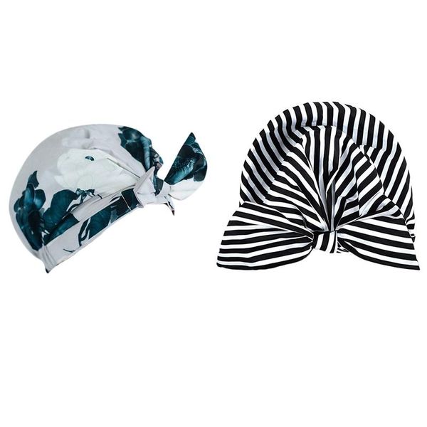 

2x shower cap reusable ribbon bow bath over with moldproof and waterproof flower color & stripes caps