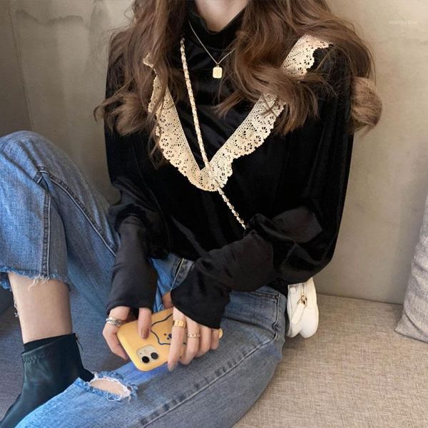 

women's blouses & shirts women lace ruffle patchwork velour blouse korean long sleeve turtleneck shirt autumn winter basic, White