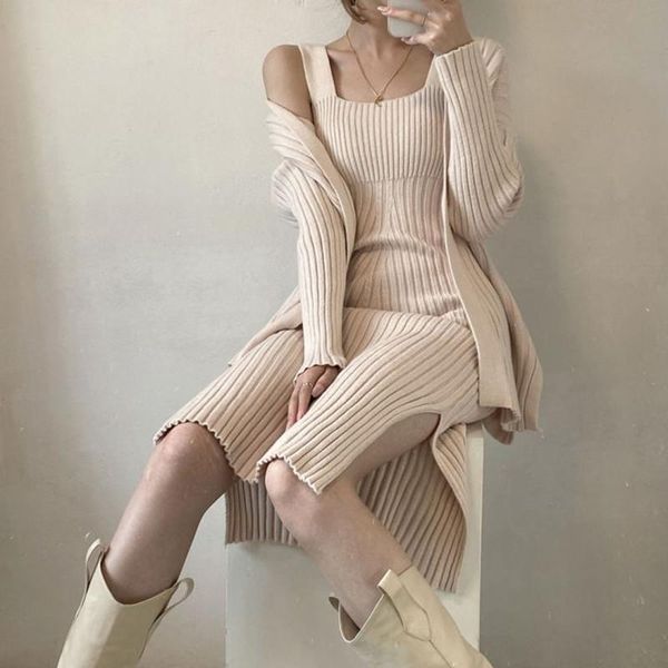 

casual dresses elegant striped two piece dress women split vest sweater + long sleeved open stitch cardigan autumn winter knitted suit, Black;gray