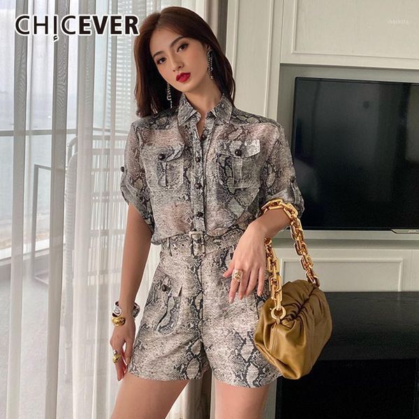 

women's tracksuits chicever print colorblock suit lapel short sleeve high waist loose shorts female 2021 summer clothing fashion style, Gray