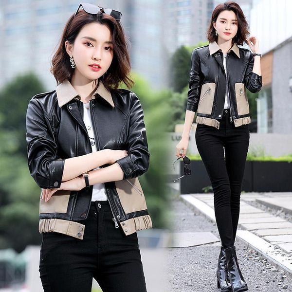 

women's leather & faux small coat women 's 2021 spring and autumn korean style youth stitching lapel long-sleeved cardigan jacket, Black
