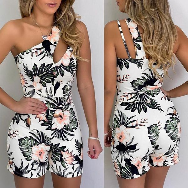 

sleeveless floral jumpsuit women beach playsuits summer one shoulder hollow out overalls casual short bodycon women's jumpsuits & rompe, Black;white